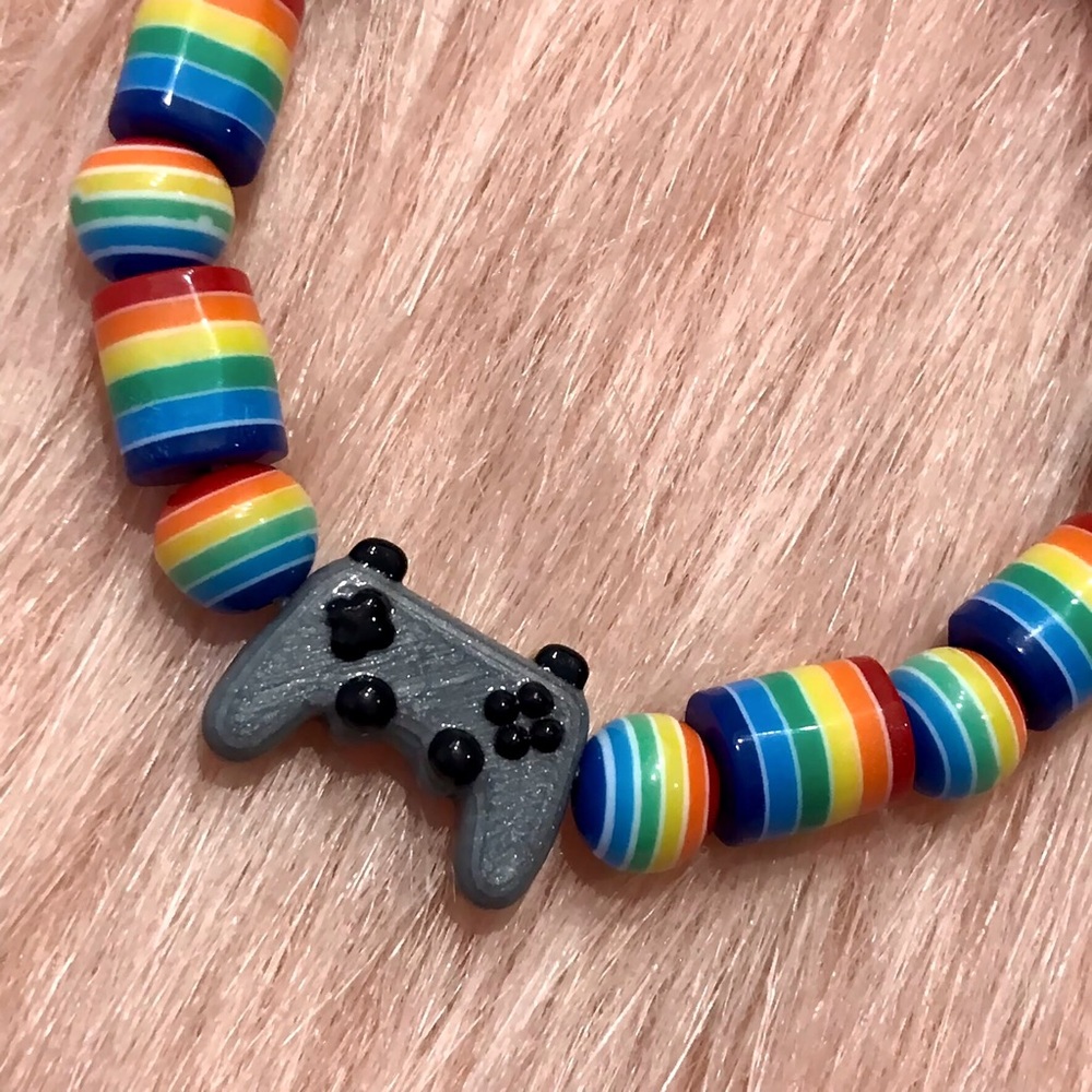 Handmade Grey Video Game Controller Colorful Rainbow Pride Beaded Bracelet - Picture 3 of 6